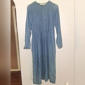 Vtg. Eddie Bauer Modest Long Sleeve Button Up Maxi Chambrey Denim Dress 8